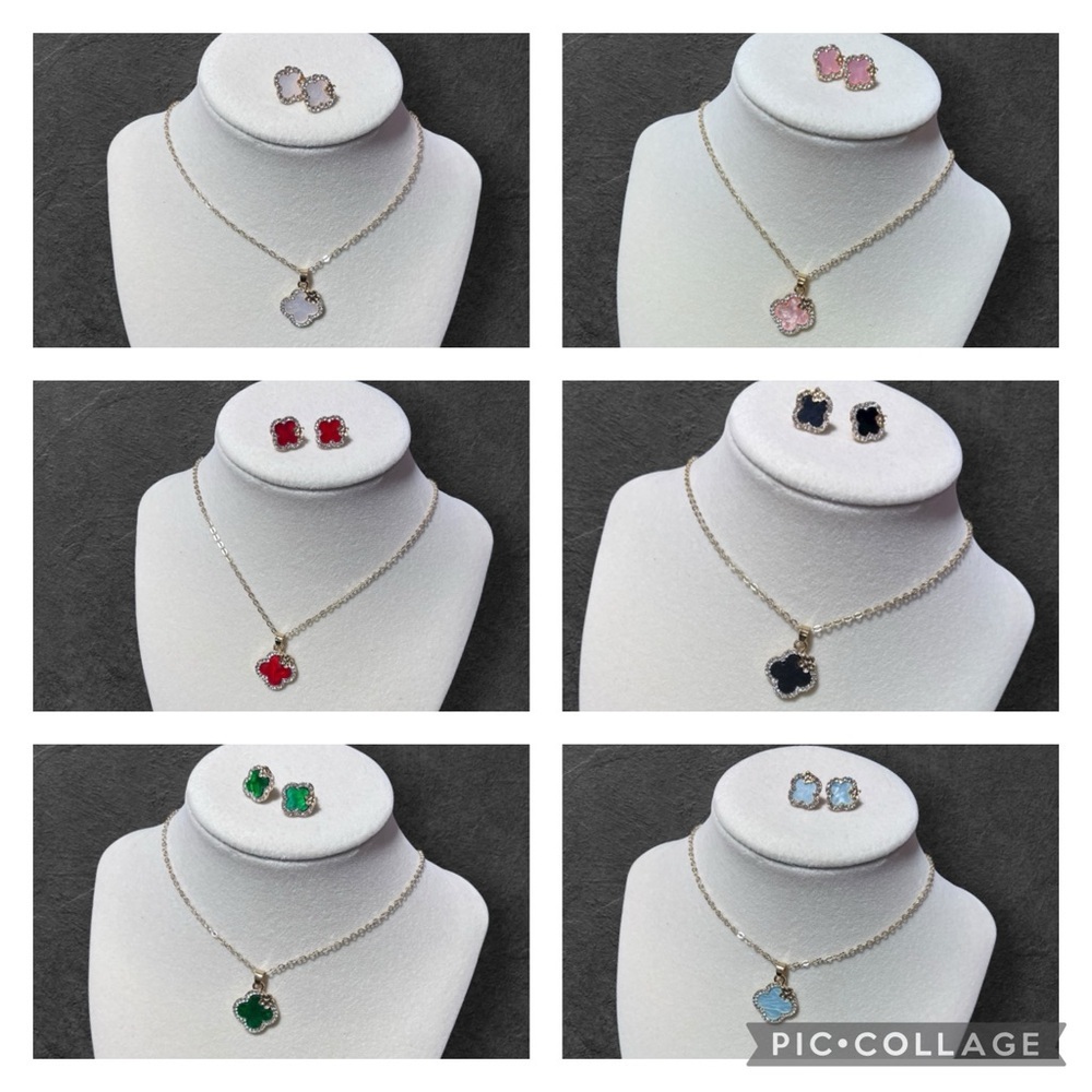 Clover necklace/earring set in silver or gold tone. 18”+2” extender.